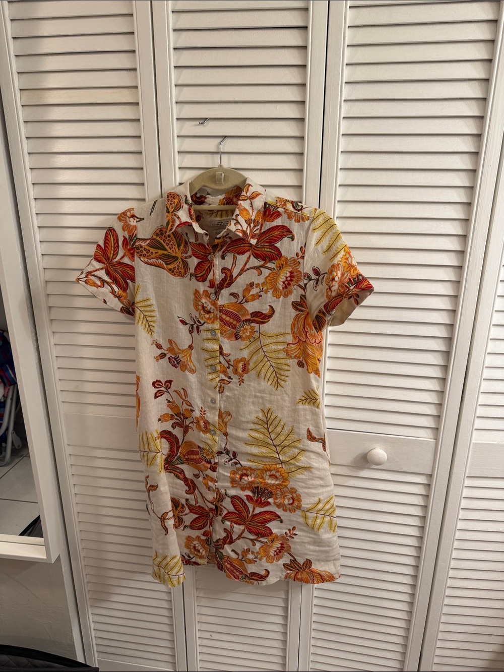 Rachel Zoe Cream Linen Floral Button-Up Tunic with Mustard & Rust Accents